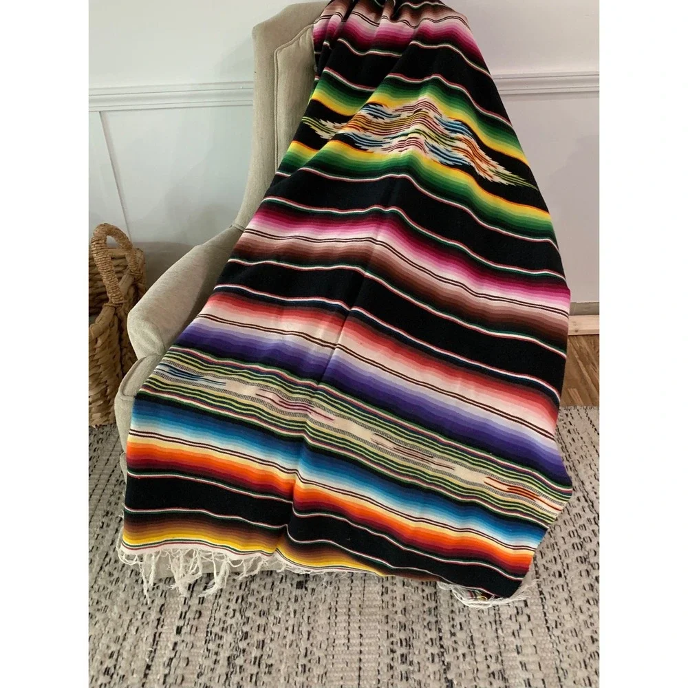 Vintage Mexican Handwoven Saltillo Sarape Blanket Stripe Boho Western 75x38